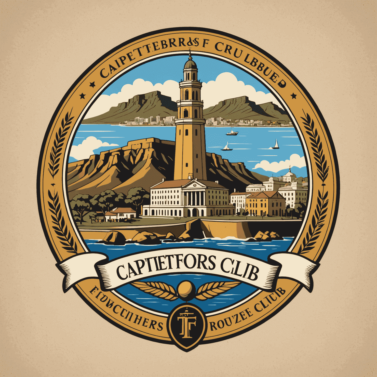 Captebefors Club logo featuring educational symbols and Cape Town landmarks