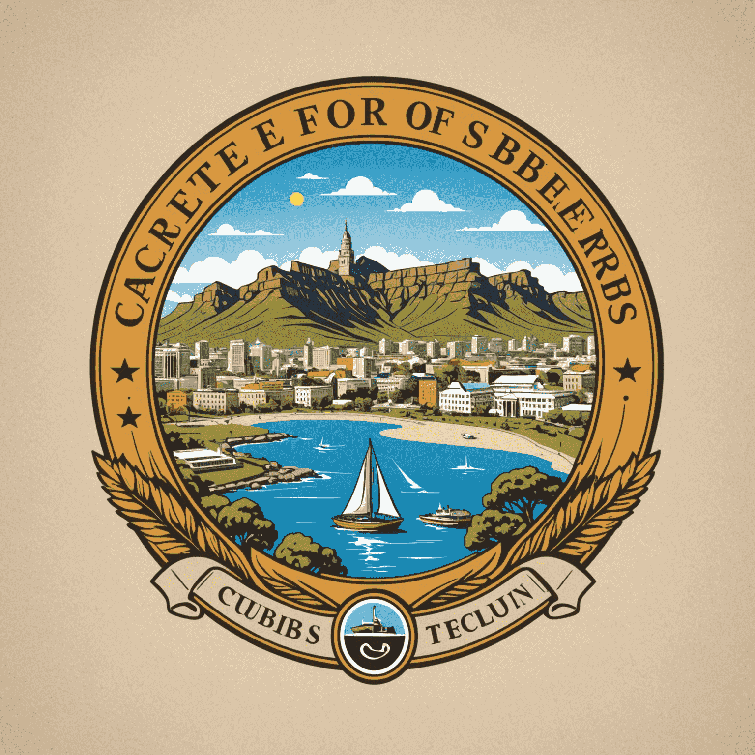 Captebefors Club logo featuring educational symbols and Cape Town landmarks