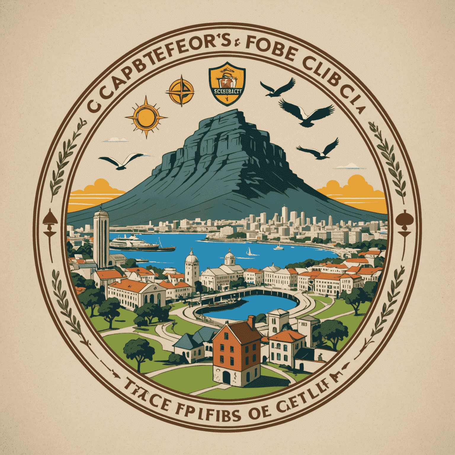 Captebefors Club logo featuring educational symbols and Cape Town landmarks