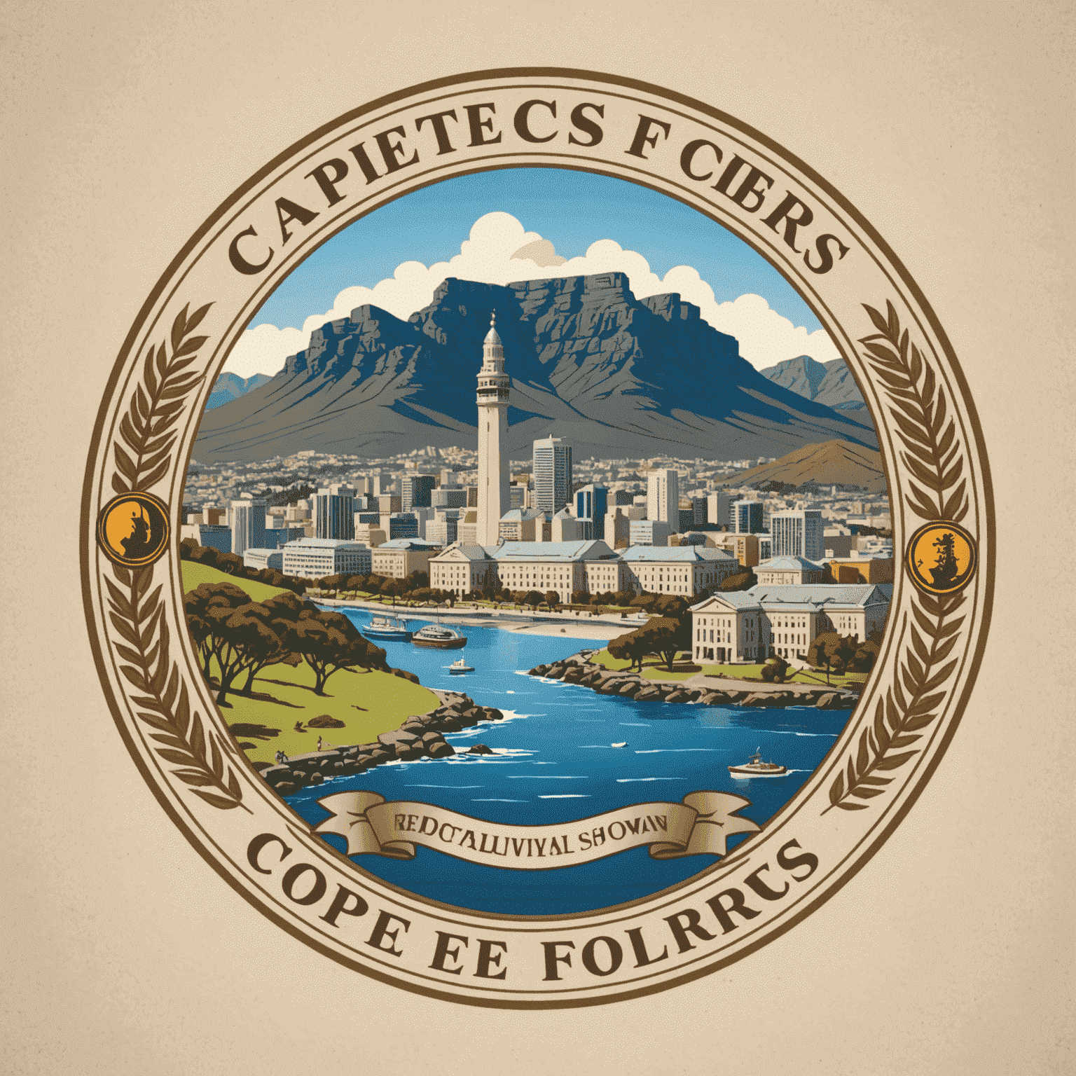 Captebefors Club logo featuring educational symbols and Cape Town landmarks