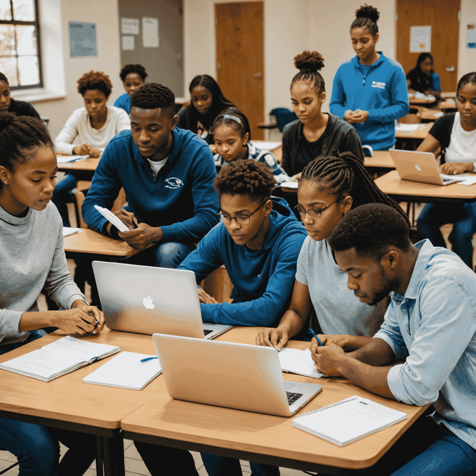 A group of diverse students and volunteer tutors engaged in an interactive learning session, with laptops and educational materials visible. The setting appears to be a community center in Cape Town.