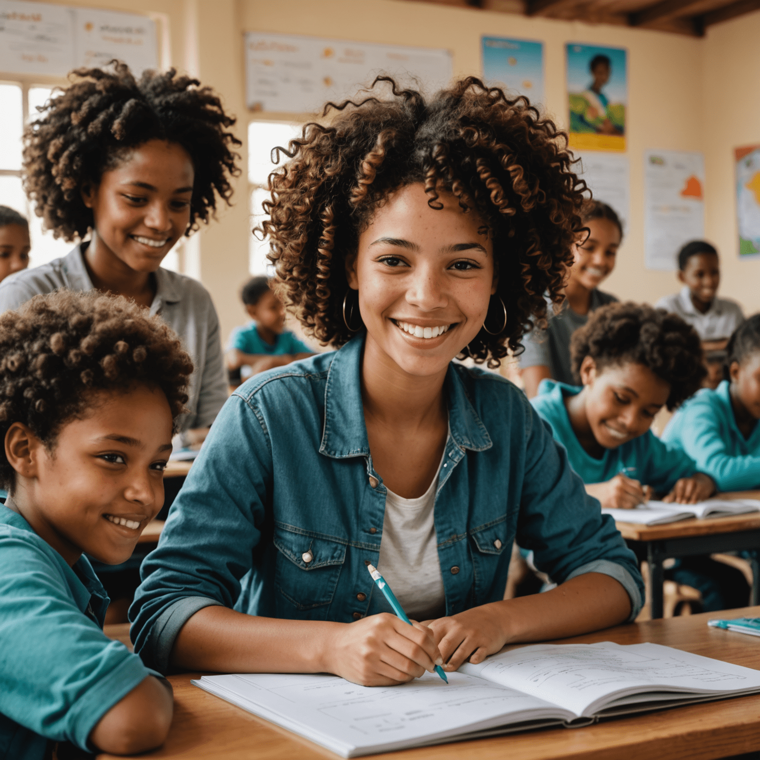 Sarah, a young woman with curly hair, smiling while helping a group of students with their homework in a community center in Khayelitsha