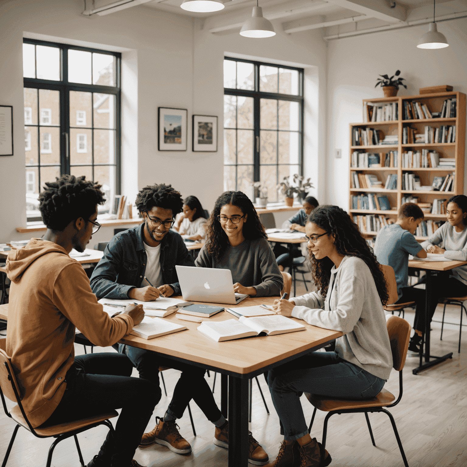 A diverse group of students and tutors engaged in a one-on-one tutoring session, with books and laptops visible on a table in a bright, welcoming study space