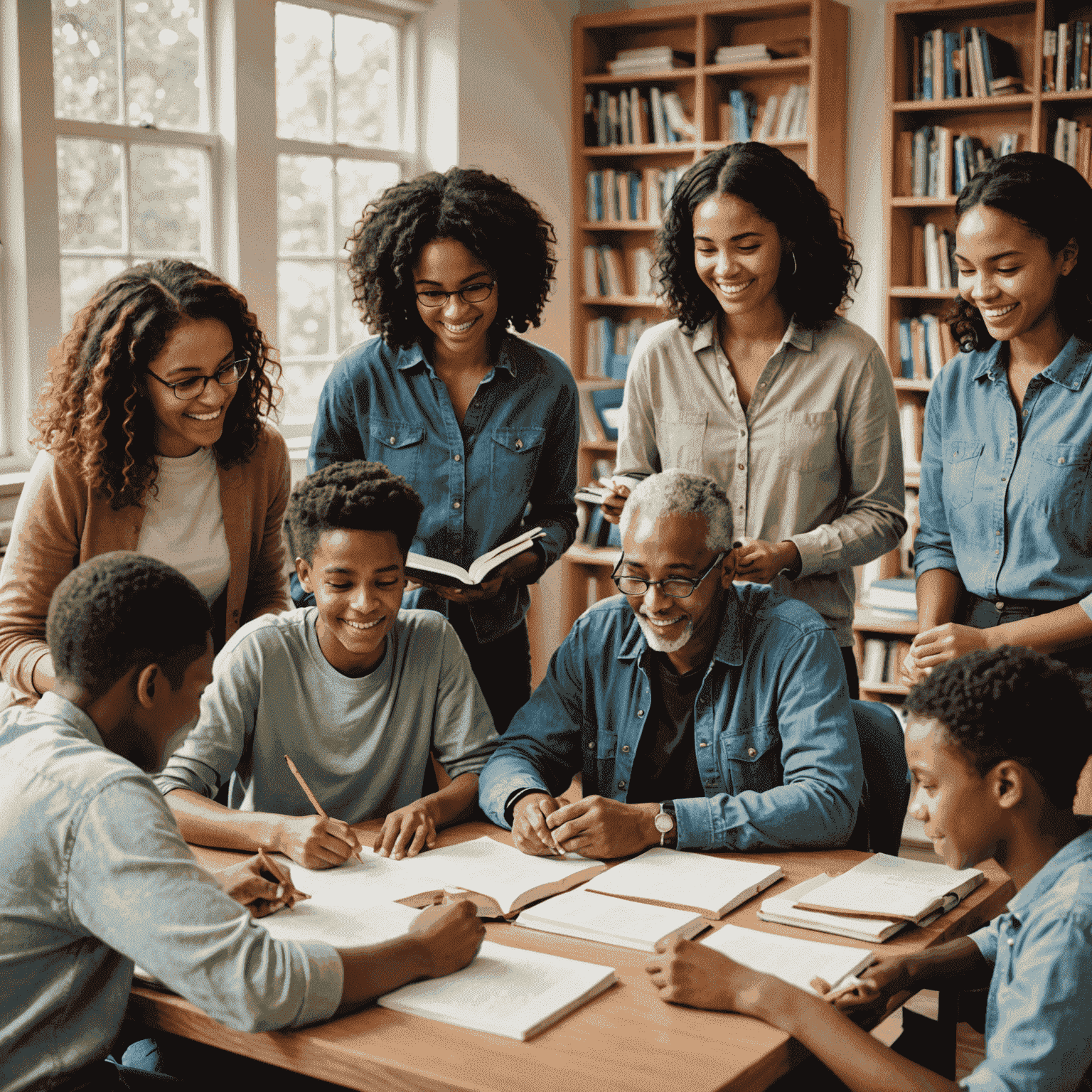 A diverse group of students and tutors engaged in a lively tutoring session. The image shows students of various ages sitting around a table with volunteer tutors, books and study materials spread out. There's a warm, supportive atmosphere with smiles and focused learning.