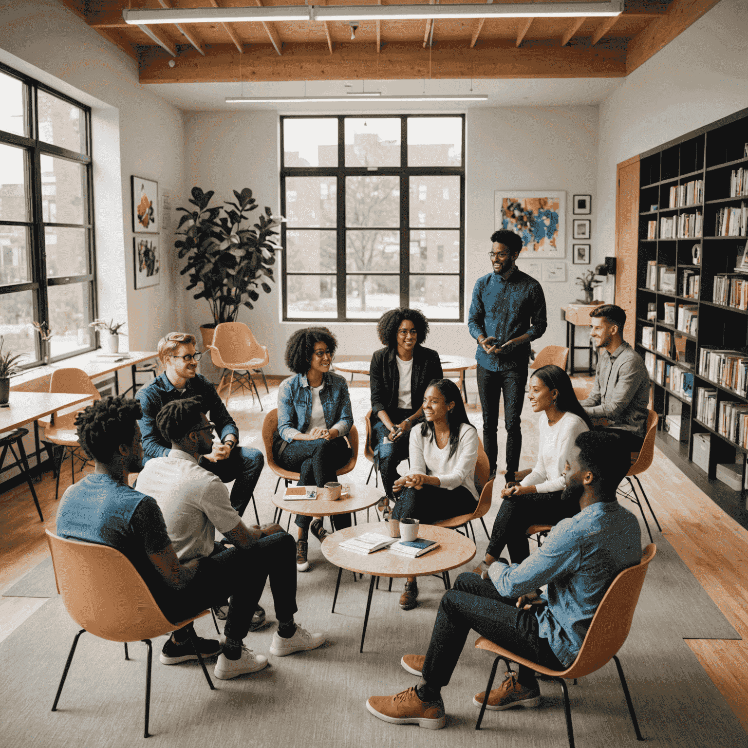 A diverse group of students and mentors engaged in a collaborative discussion in a bright, modern study space. The image showcases the inclusive and supportive nature of the mentorship program.