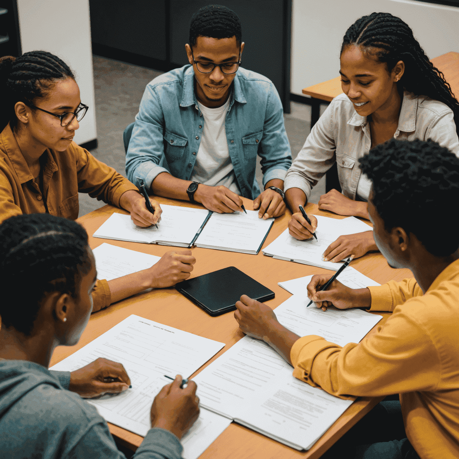 Diverse group of students collaborating at a table, discussing coursework and sharing notes. The image shows a mix of genders and ethnicities, representing the inclusive nature of Cape Town's student community.