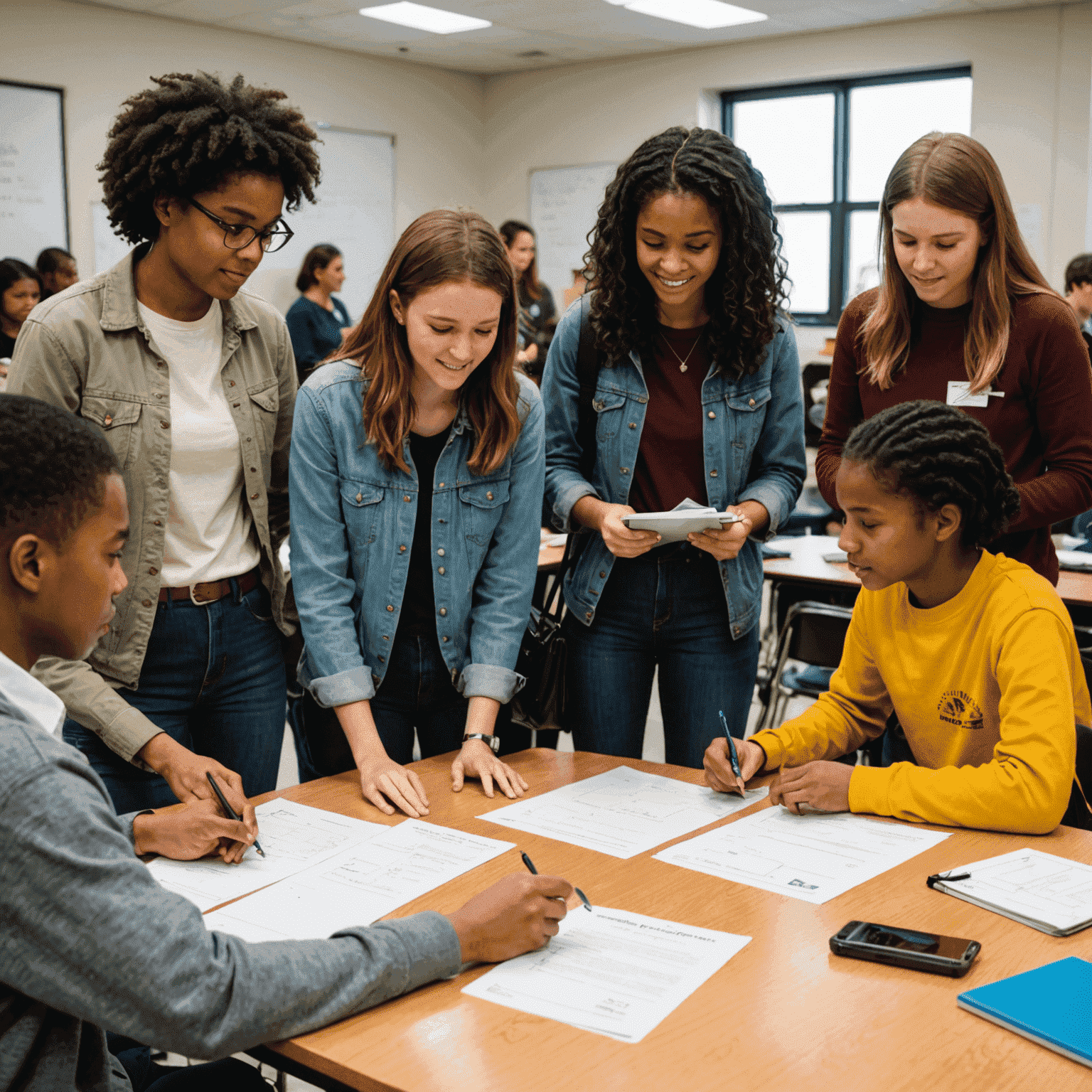 Students actively participating in a workshop, engaging in group discussions and hands-on activities