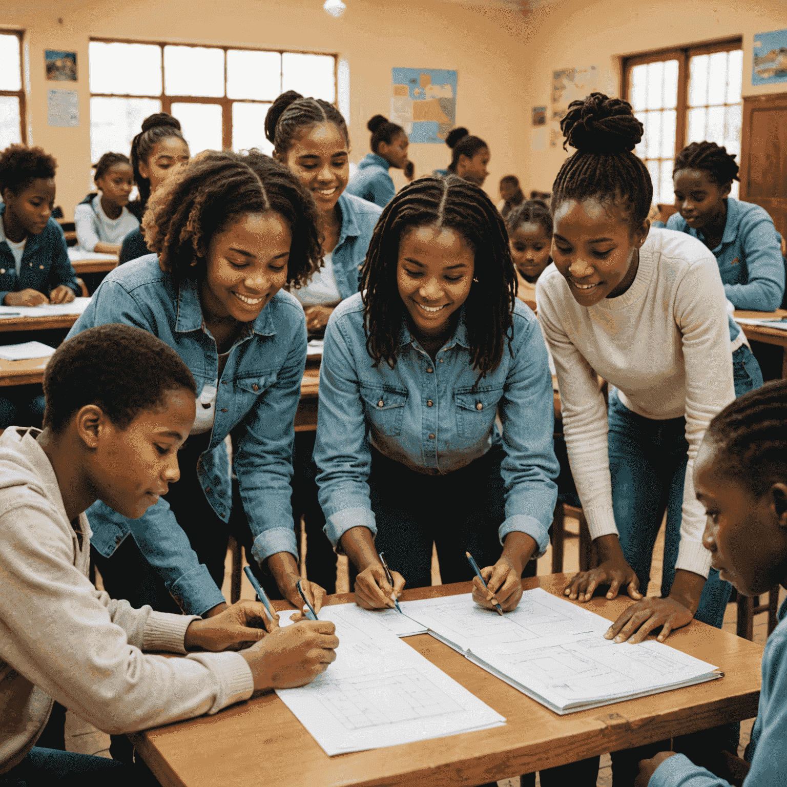 Group of diverse students and volunteers collaborating on educational projects in a community center in Cape Town