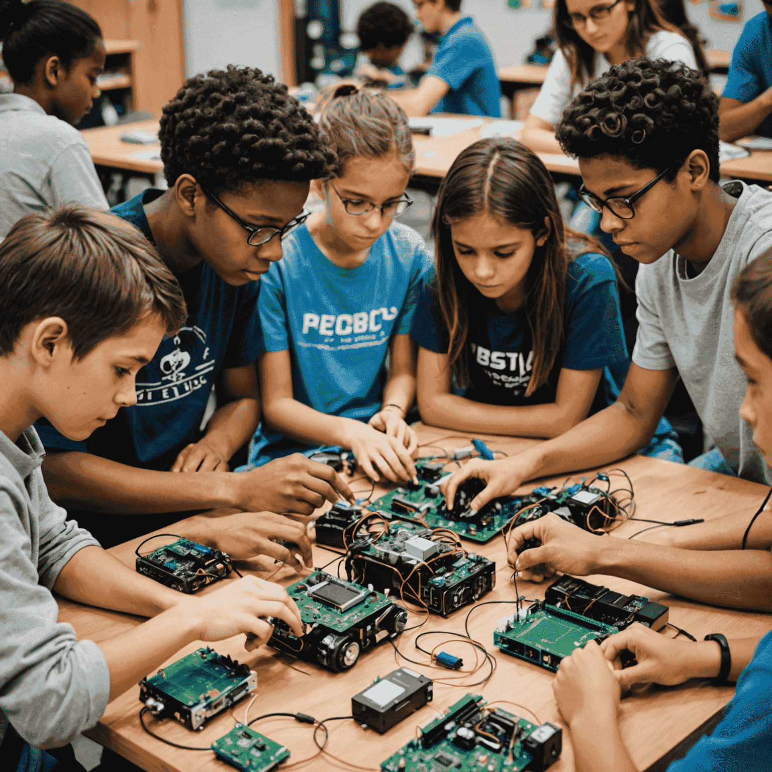 Students participating in a STEM workshop, working on a robotics project. The image shows a diverse group of young learners engaged in hands-on activities with electronic components and computers.