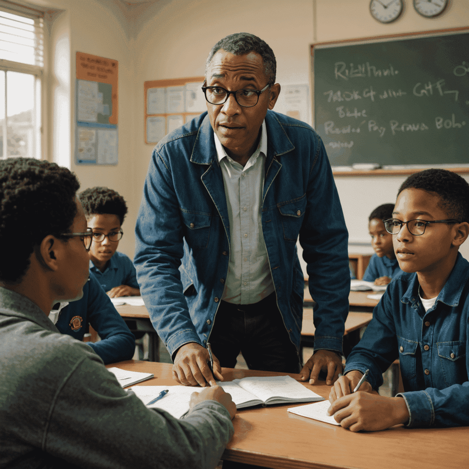 John, a middle-aged man with glasses, engaged in an animated discussion with a group of teenage students in a classroom setting in Mitchells Plain