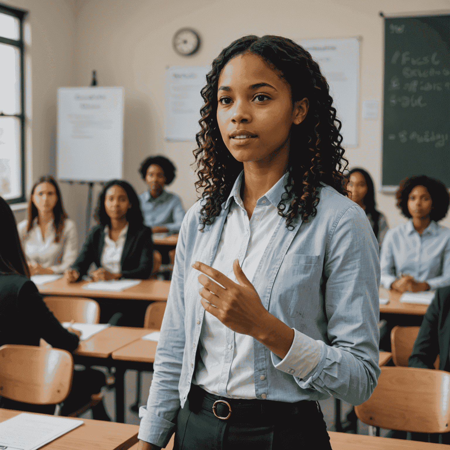 A confident young woman presenting to her classmates, showcasing improved public speaking skills gained through Captebefors Club programs