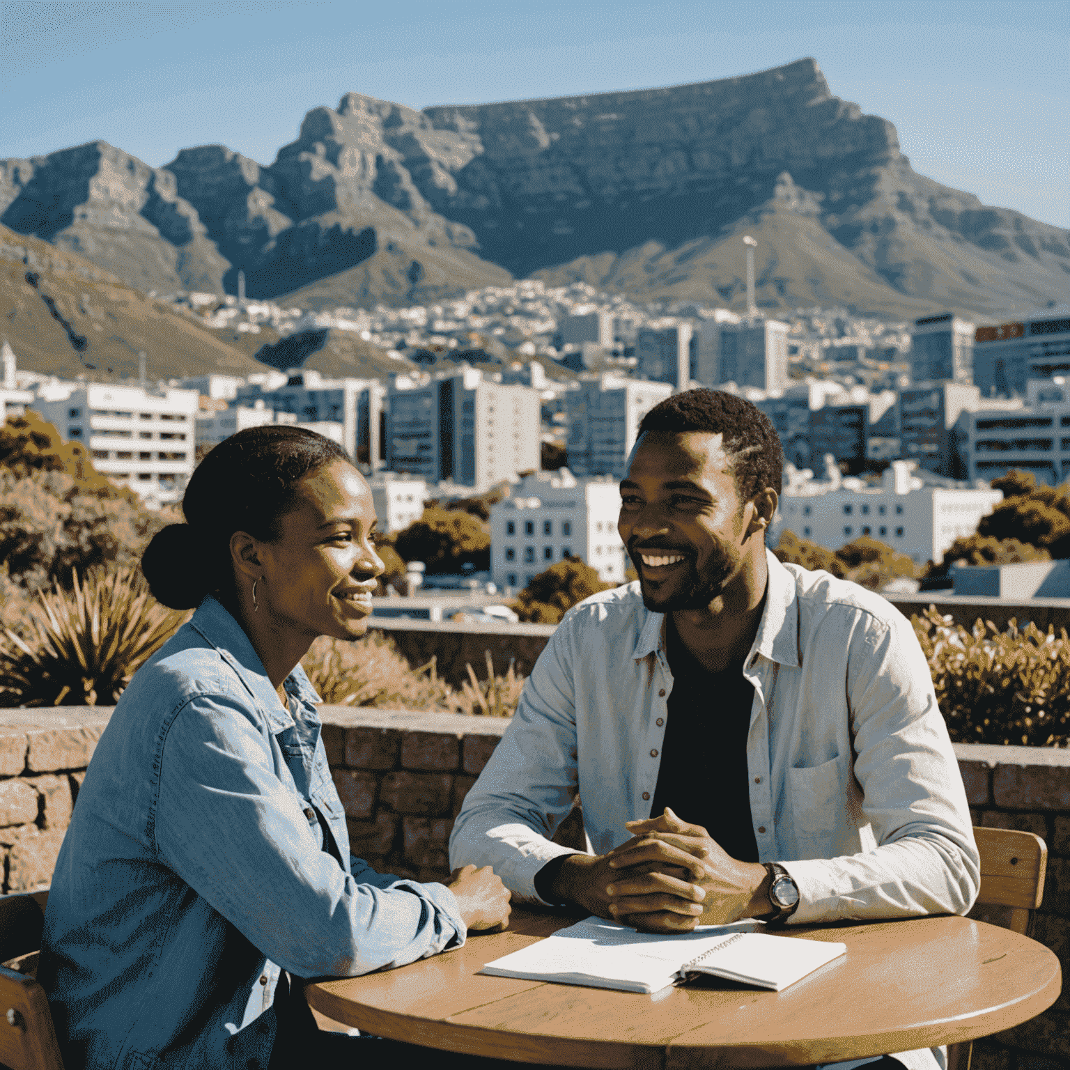 A mentor and mentee sitting in a casual outdoor setting, engaged in conversation, with the Table Mountain visible in the background