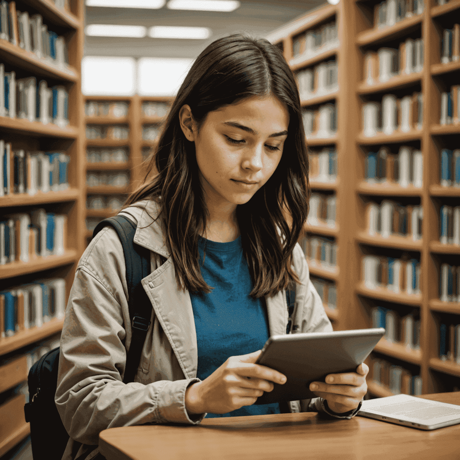 A student using a tablet to access online educational resources, symbolizing the digital learning materials available in our library