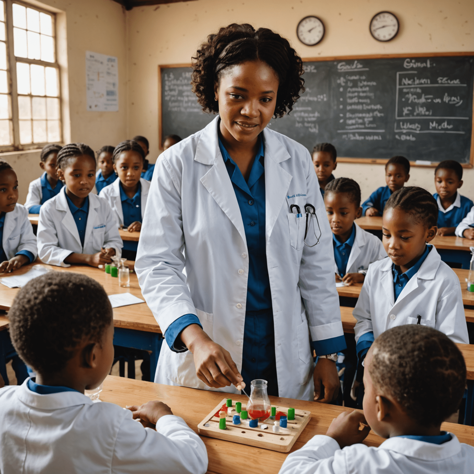 Nomsa, a young woman in a lab coat, demonstrating a science experiment to an excited group of primary school children in a community hall in Gugulethu
