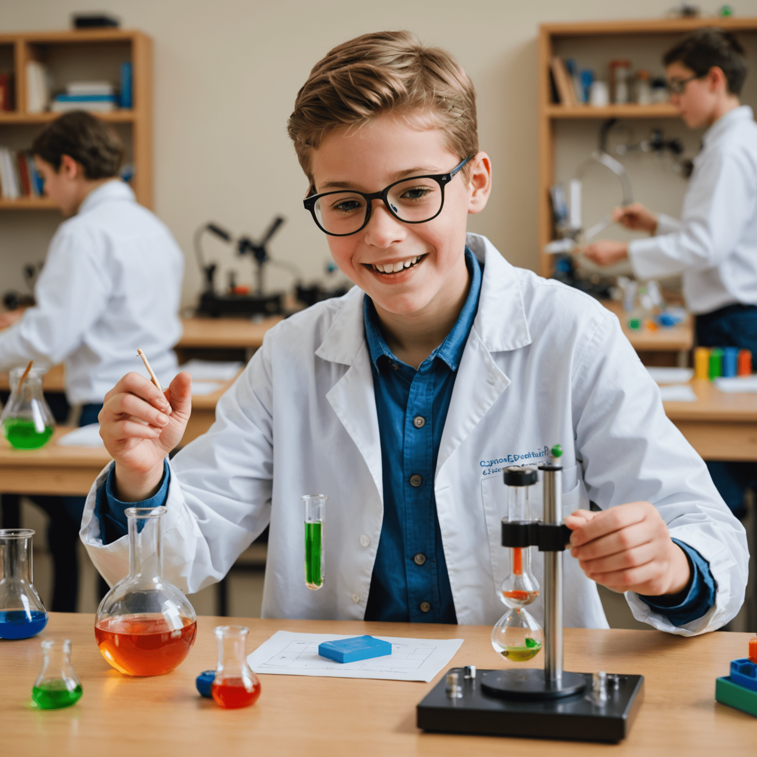 An enthusiastic student conducting an experiment in a science lab, representing the hands-on learning experiences provided by Captebefors Club
