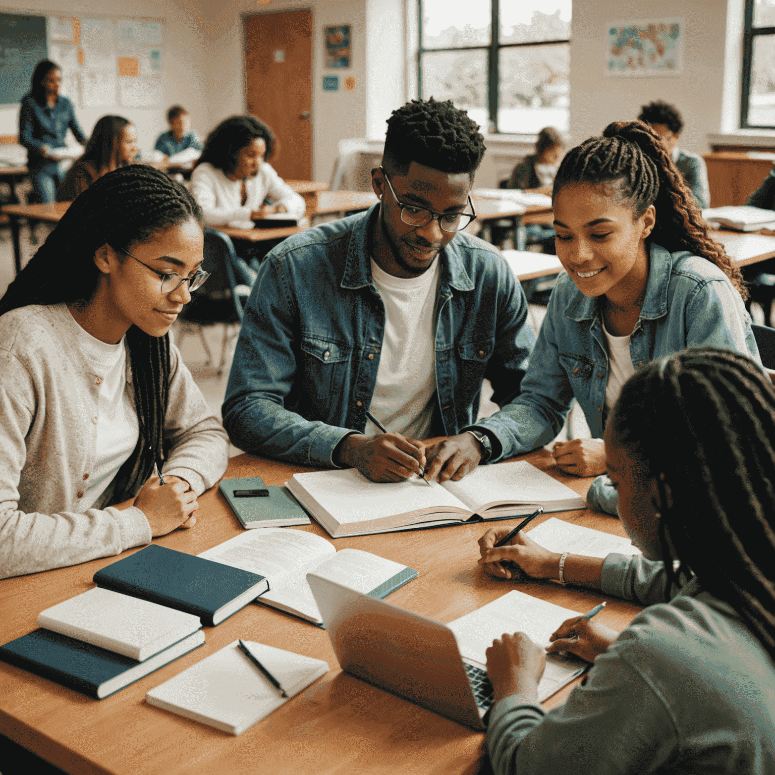 A diverse group of students collaborating around a table, with textbooks, notebooks, and laptops, in a bright community center setting