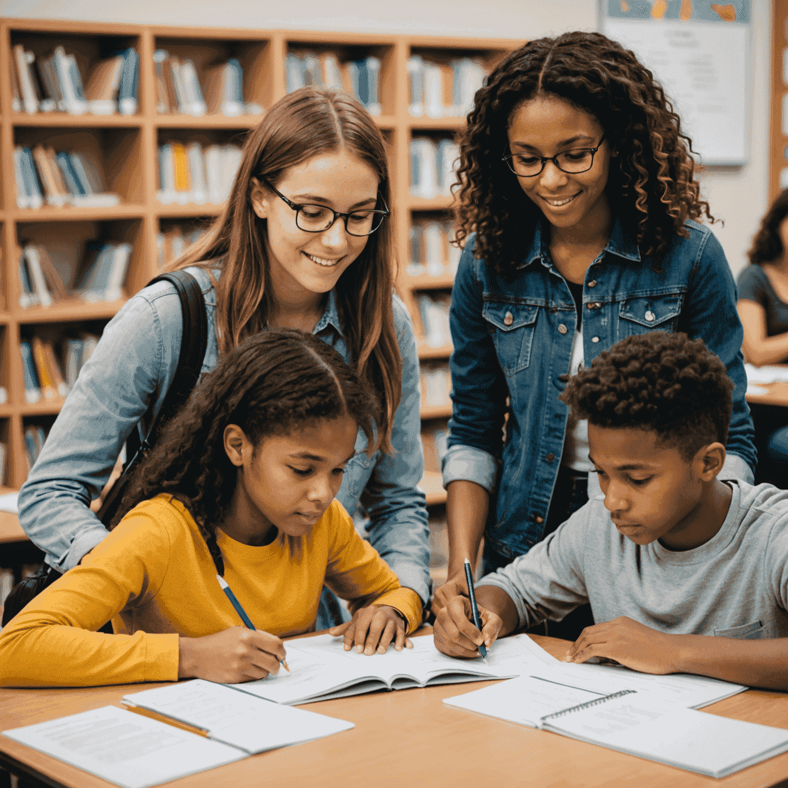 A group of students collaborating over study guides and worksheets, illustrating the supplementary materials available in our resource library