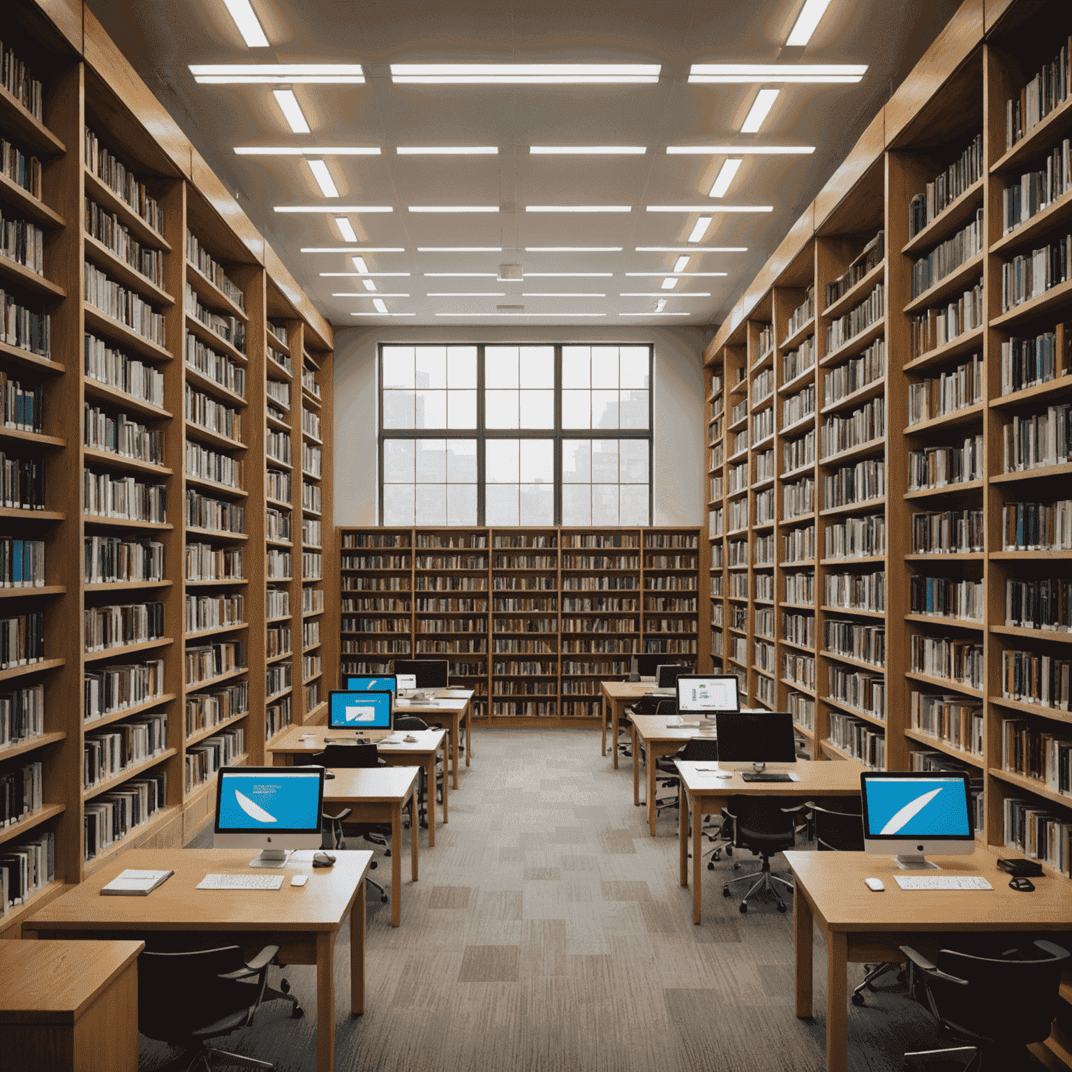 A well-stocked library with rows of bookshelves, comfortable reading areas, and students using computers to access online resources