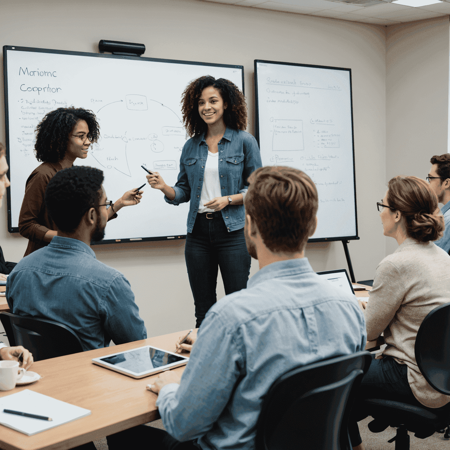 A workshop in progress with a diverse group of students actively participating, a presenter at the front using a digital whiteboard